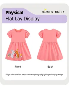 Front and back detail of pink cotton girl's dress with rabbit and floral embroidery