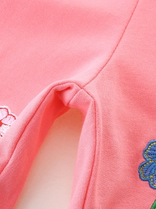 Pink knit cotton girls' shorts featuring detailed floral embroidery and flatlock seams