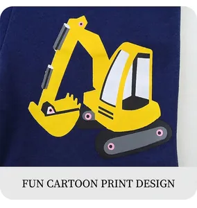Detail of yellow excavator print on navy blue knit fabric for boy shorts