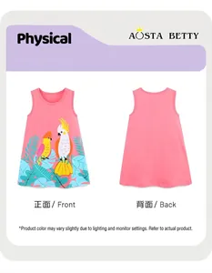 Girl's pink sleeveless dress with parrot prints, front and back flat lay view