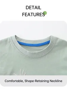 Detail view of cotton t-shirt ribbed neckline and blue inner reinforced neck tape