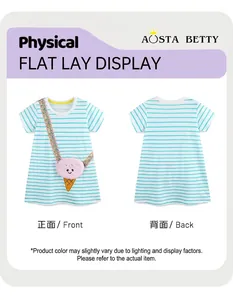 Front and back detail of striped girls' dress with cute ice cream embroidery applique