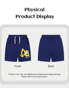 Front and back view of navy blue boys' knit shorts featuring a yellow excavator print