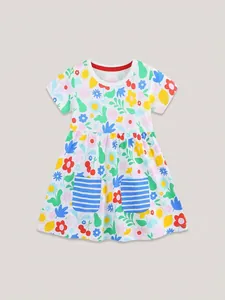 Robe d'été en Coton à Manches Courtes pour Filles Imprimé Floral et Fruits Robe de Princesse Décontractée Avec Poches Rayées