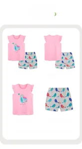 Vorder- und Rückseite des pinken Rüschentops und der Vogel-Print-Shorts für Mädchen