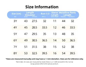 Detailed size chart for kids summer casual wear set including measurements for ages 3-8Y