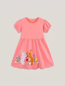 Girls Summer Cotton Dress Short Sleeve Rabbit Floral Embroidery Princess Party Dress Sweet Pink Clothing For Kids