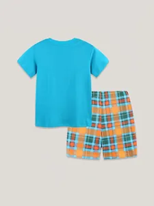 Kids summer cotton set featuring a bright blue T-shirt and plaid shorts in casual style