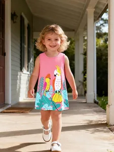 Summer Girls Sleeveless Pink Cotton Dress Parrot Tropical Leaf Printed A-Line Princess Holiday Party Sundress For Kids