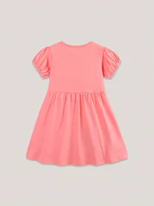 Pink short-sleeve girls' dress with cute cartoon rabbit embroidery and pleated skirt