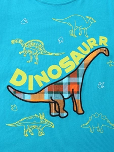 Teal kids t-shirt with dinosaur graphic print and colorful cartoon patterns