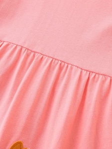 Pink cotton knitted dress with cute rabbit embroidery and delicate pleated stitching details