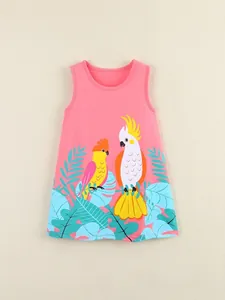 Pink sleeveless girls dress featuring tropical parrot and leaf prints on A-line skirt