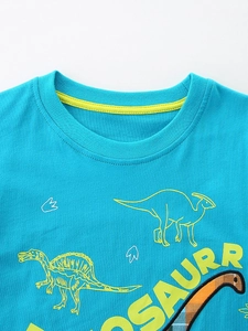 Blue kids short sleeve dinosaur t-shirt with yellow dinosaur graphic and round neck detail