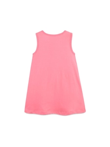 Back view of a pink sleeveless A-line cotton dress for girls with a classic round neck