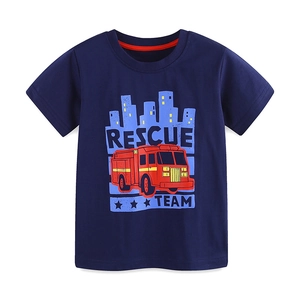 Boys navy blue cotton t-shirt featuring rescue team fire truck print on white background