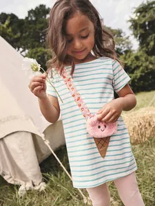 Summer Girls Striped Short Sleeve Dress Soft Cotton Cartoon Ice Cream Embroidery Round Neck Princess Dress For Toddler Kids