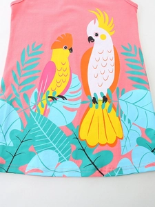 Pink cotton sleeveless dress for girls with colorful cartoon parrot and tropical leaf print