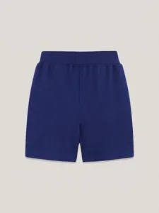 Boys navy blue knit sports shorts with elastic waistband and casual summer cotton style