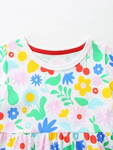 Robe d'été pour fille en coton à fleurs avec col rond et motif floral multicolore