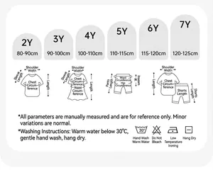 Size guide for girls' summer outfit set with height range 80-125cm and washing instructions