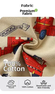 Detail of 100% cotton fabric with red fire truck print and breathable knit texture
