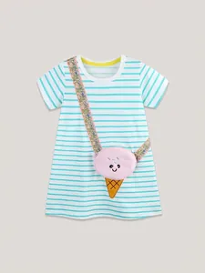Striped girls' princess dress with floral embroidery and 3D plush ice cream bag detail