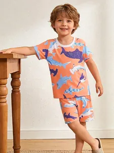 Ensemble de Détente Été Garçon Imprimé Requin T-Shirt Manches Courtes en Polyester et Short Pyjama Enfant Décontracté