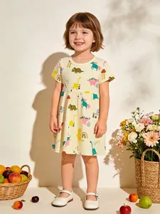 Vestito a Maniche Corte in Cotone Estivo per Bambine Stampa Cartone Animato Dinosauro Unicorno Girocollo Casual Linea A