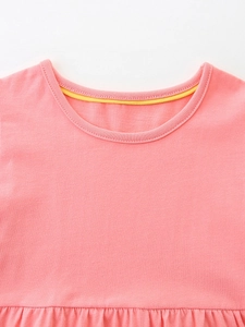 Pink cotton knitted girl dress with cute cartoon rabbit embroidery and round neck