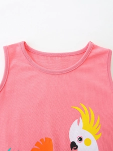 Pink sleeveless cotton girl dress with vibrant cartoon parrot print and knit texture