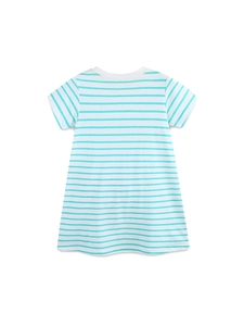 Short-sleeved blue and white striped cotton princess dress for girls with a classic A-line cut