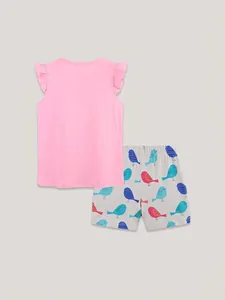 Mädchen Sommer-Set mit rosa Rüschen-T-Shirt und grau bedruckten Shorts