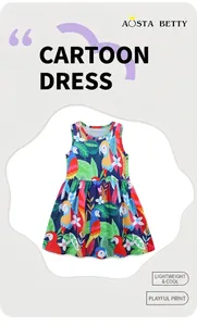 Close-up of girls sleeveless summer dress featuring colorful parrot and tropical leaf prints