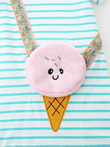 Pink plush ice cream crossbody bag for girls with cute embroidery and floral strap