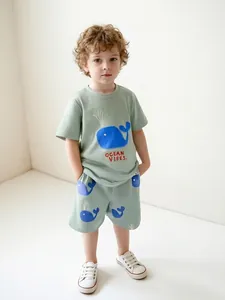 Boys Summer Cotton Clothing Set Whale Print Short Sleeve T-Shirt And Shorts 2 Piece Outfit For Kids Beach Casual Wear