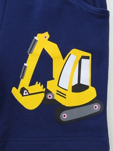 Boys summer cotton shorts featuring a vibrant yellow excavator graphic on navy blue fabric