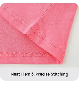 Détail du t-shirt rose pour fille montrant l'ourlet à double aiguille et le tissu