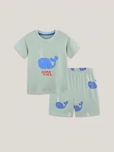 Kids summer cotton set with cute whale print and Ocean Vibes text on light green tee
