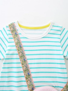 Girls striped short sleeve dress with floral embroidery and pink plush accents