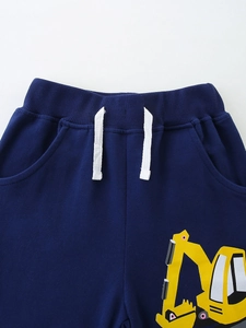 Boys navy blue shorts with yellow excavator print and elastic drawstring waist