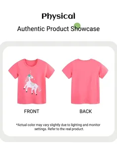Vues avant et arrière du T-shirt rose pour fille avec imprimé licorne coloré