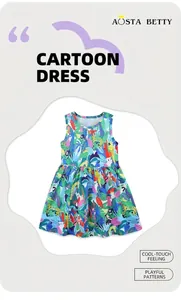 Detailed view of girls' sleeveless summer dress featuring vibrant tropical animal prints