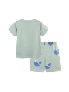 Light green cotton boy's summer set featuring short sleeves and cute whale print shorts