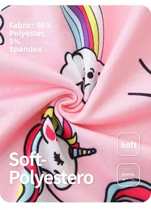 Détail du tissu rose licorne arc-en-ciel en mélange doux 95% polyester et 5% élasthanne