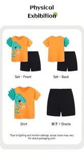 Flachbild-Detail von Jungen Orange Dinosaurier-T-Shirt mit grünen Ärmeln und Shorts