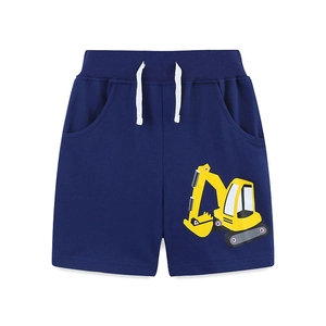 Dunkelblaue Jungen-Baumwollshorts mit gelbem Bagger-Aufdruck und weißem Kordelzug