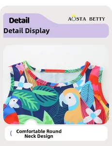 Detail of comfortable round neckline on girl's tropical floral parrot print dress