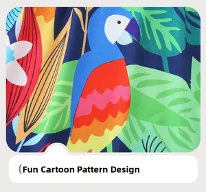 Close-up of vibrant cartoon parrot and tropical leaf pattern on summer dress fabric