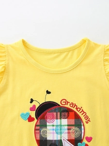 Yellow girls sleeveless set with ladybug embroidery and ruffle fly sleeve details